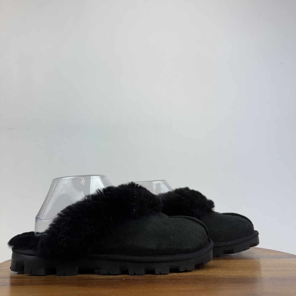 Womens Ugg Coquette Black Shearling Lined Slip On Flat Slippers Shoes Size 6 GUC